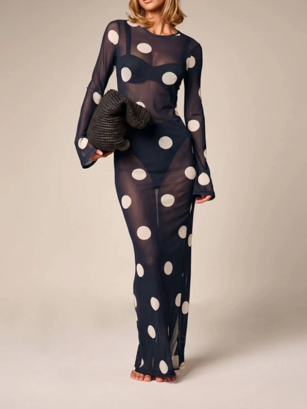 Navy Polka Dot Sheer Mesh Maxi Dress Slim Fit